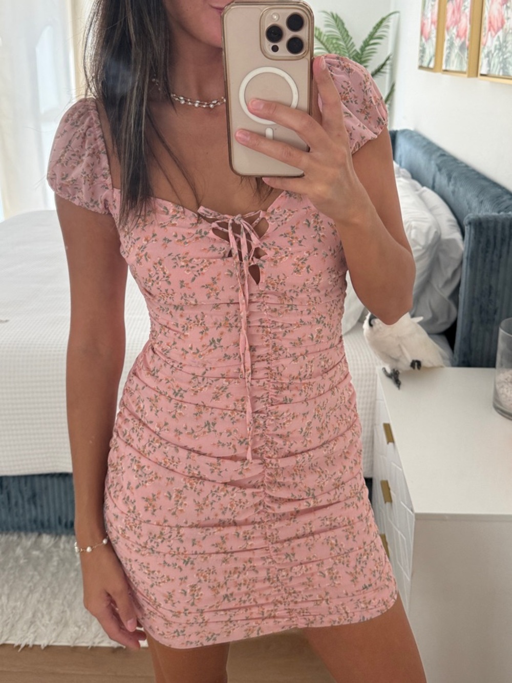 Tiger Mist Pink Floral Lace-Up Ruched Mini Dress